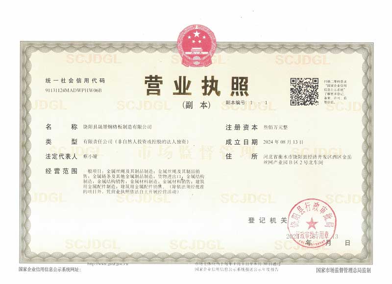 饒陽縣晟墨鋼格板制造有限公司企業資質
